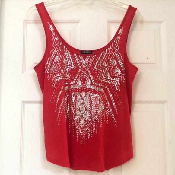 Express Embellished Silver Sequin Red Tank Top - Picture 12 of 15